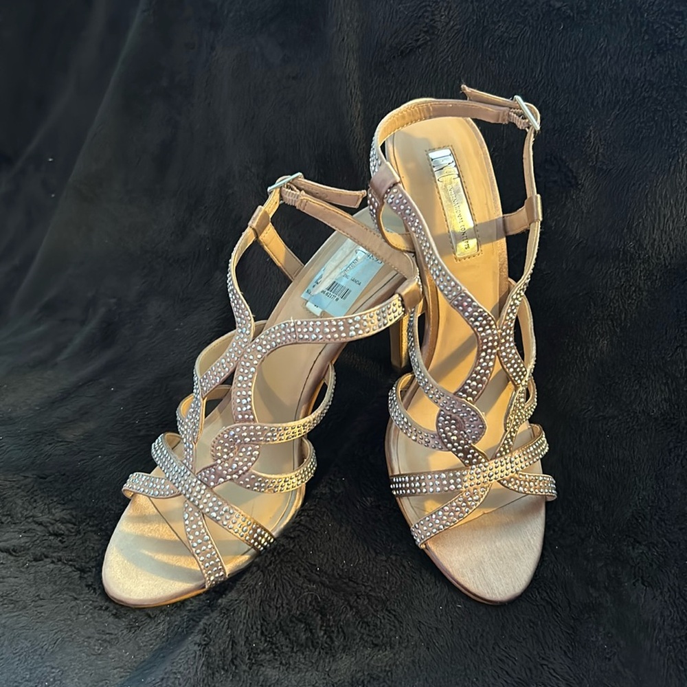 Rose gold and rhinestone strappy heels